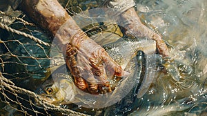 Close-up of a seasoned fisherman& x27;s hands as he hauls in a net full of fish from the water, showcasing the essence of