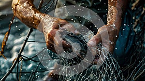 Close-up of a seasoned fisherman& x27;s hands as he hauls in a net full of fish from the water, showcasing the essence of