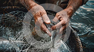 Close-up of a seasoned fisherman& x27;s hands as he hauls in a net full of fish from the water, showcasing the essence of