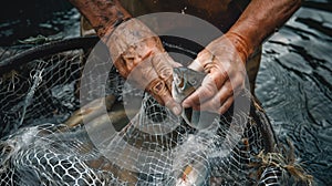 Close-up of a seasoned fisherman& x27;s hands as he hauls in a net full of fish from the water, showcasing the essence of