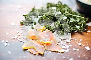 close-up of seasoned kale chips with sea salt
