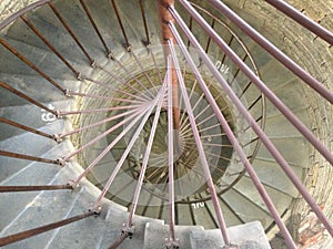 Close-up of the section of the spiral staircase with numbering steps. View from top to bottom