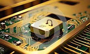 A close-up of a secure digital lock integrated into a circuit board design