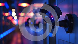 A close-up of a security camera with blurred lights in the background, emphasizing surveillance