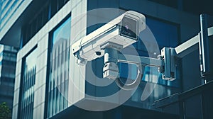 Close-up of a security camera in front of an office building. Created with Generative Ai technology