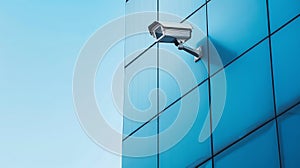 Close-up of a security camera installation on a modern building exterior