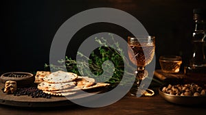 A close-up of a Seder plate holding symbolic foods like charoset, bitter herbs, and a shank bone, with a background of