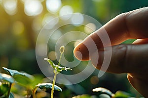 Close-up of a seed on a fingertip, with a blurred greenery background, symbolizing nature and the potential for growth