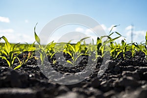 Close up seeding maize plant, Green young corn maize plants growing from the soil. Agricultural scene with corn's