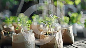 Close-up of seedlings in biodegradable bags on a balcony.