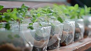 Close-up of seedlings in biodegradable bags on a balcony.