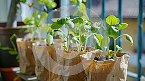 Close-up of seedlings in biodegradable bags on a balcony.
