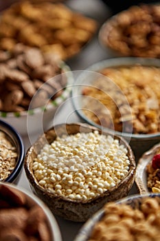 Close up and selective focus. Composition of different kinds cereals