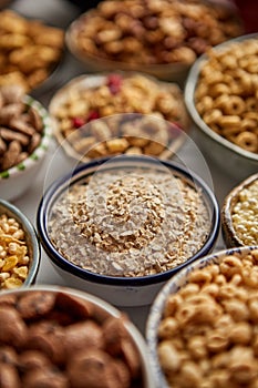 Close up and selective focus. Composition of different kinds cereals