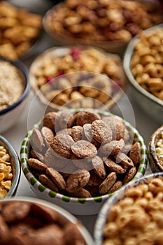 Close up and selective focus. Composition of different kinds cereals