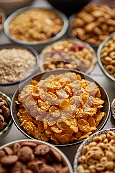 Close up and selective focus. Composition of different kinds cereals