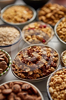 Close up and selective focus. Composition of different kinds cereals