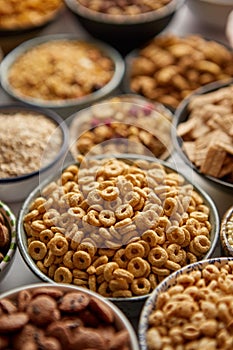 Close up and selective focus. Composition of different kinds cereals