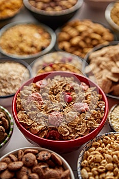 Close up and selective focus. Composition of different kinds cereals