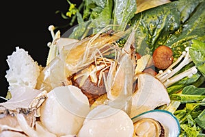 Close-up prawns and shellfishes of the mixed set of seafood photo