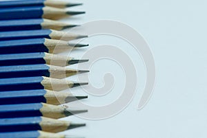 Close up and selective focus row of blue pencils on white background.