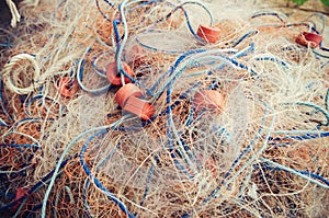 Close up and selective focus,traditional fishing net over blurred background