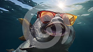 Close-up selfie portrait of a chuckling sunfish wearing sunglasses