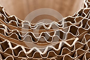 Close-up semicircular wavy layers of corrugated cardboard.