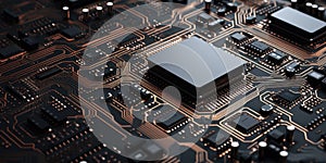 Close up of semiconductor or microchip on a black motherboard, AI generated