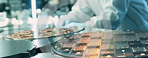 Close-up of semiconductor wafers production inside a clean room with a technician on the background