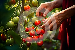Close-up senior woman hand harvesting fresh organic tomatoes. Generative AI