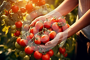 Close-up senior woman hand harvesting fresh organic tomatoes. Generative AI