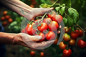 Close-up senior woman s hand harvesting fresh organic tomatoes. Generative AI