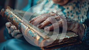 Close-up of a senior woman's hand touching a photo album, with visible distress, conveying the emotional impact of