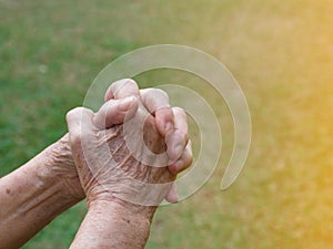 Close-up of senior woman`s hands praying to god with sunlight at the garden. Space for text. Concept of aged people and hope