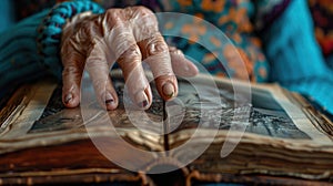 Close-up of a senior womans hand touching a photo album, with visible distress, conveying the emotional impact of