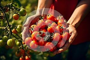 Close-up senior womanâ€™s hand harvesting fresh organic tomatoes. Generative AI