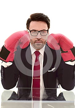 Close up.serious businessman Boxing gloves