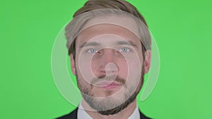 Close Up of Serious Young Businessman on Green Background