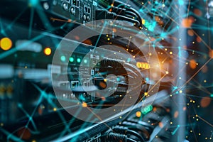 Close-up of server cables with glowing network connections.