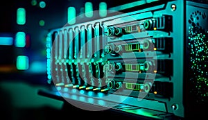 Close up of server in dark room. Generative AI