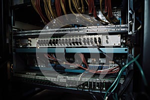 close-up of server hardware, with cables and cords visible