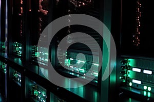 close-up of server rack with blinking lights in data center