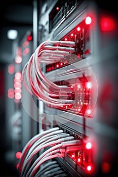 Close-up of server rack with blinking red lights and connected network cables