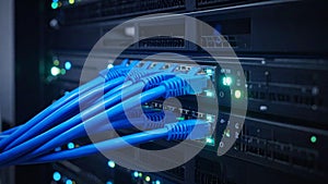 Close-up of server rack with blue network cables connected in a data center.
