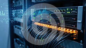 Close-up of server rack with glowing lights and network cables in a data center