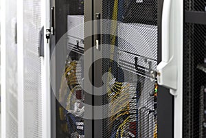 Close up server rack inside with depth of field and floating focus