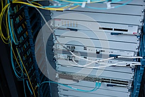 Close up of a server rack with network cables