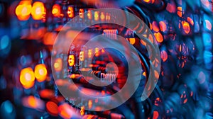 Close-up of a Server Rack with Red and Blue Lights