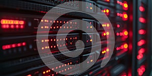 Close-up of server racks blinking red lights, indicating activity.Data center